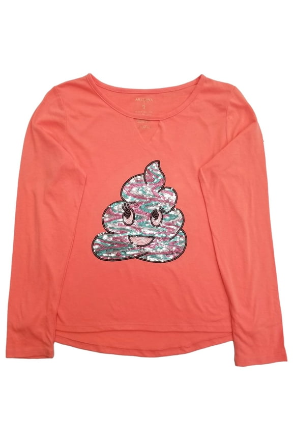 Girls Coral Orange & Pink Sequins Pile of Poop Emoji Tee Shirt T-Shirt XL (16)