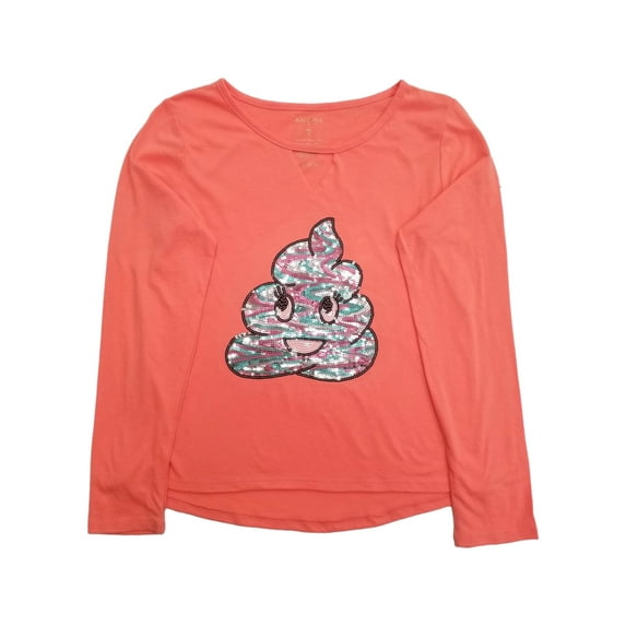 Girls Coral Orange & Pink Sequins Pile of Poop Emoji Tee Shirt T-Shirt XL (16)