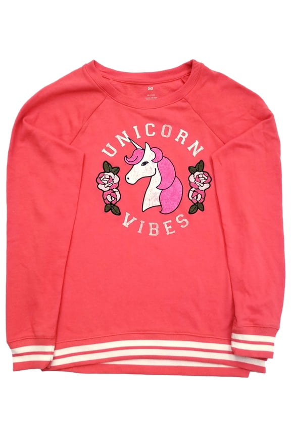 Girls Coral Orange Pink Unicorn Vibes Flowers Sweatshirt Top Large 10-12