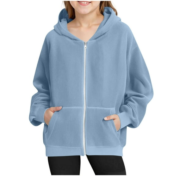 Girls' Corduroy Jackets with Pockets Long Sleeve Full-Zip Up Hoodie Sweatshirt Coat Kids Hooded Outerwear (4-5 Years, Light Blue)