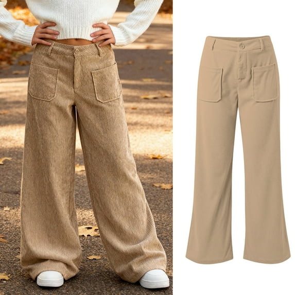 Girls Corduroy Pants Wide Leg Design Button Front Zipper Vintage Pants with Pockets High Waist Casual Pants for Girls Girls Khaki Uniform Pants Kids Preppy Clothes 11-12 Years
