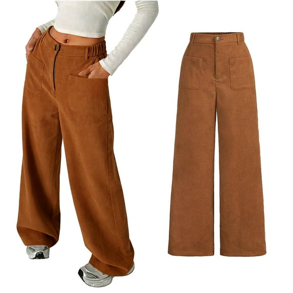 Girls Corduroy Pants Wide Leg Design Button Front Zipper Vintage Pants with Pockets High Waist Trousers for Girls Coffee Pants for Girls Uniform Teen Back To School Outfits for Girls 13-14 Years