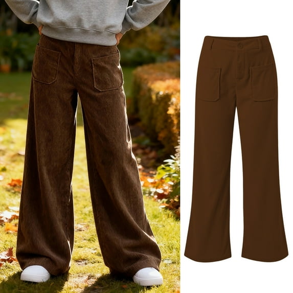 Girls Corduroy Pants Wide Leg Design with Pockets Vintage Baggy Pants High Waist Casual Pants for Girls Brown Pants for Girls Kids Preppy Clothes 7-8 Years