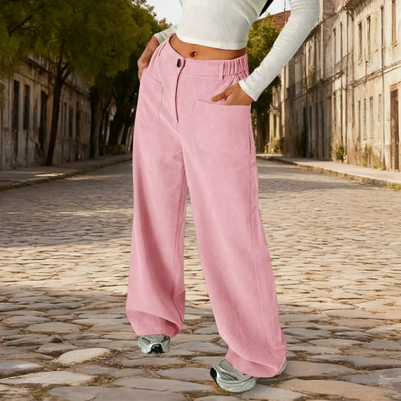 Girls Corduroy Pants Wide Leg Design Vintage Baggy Pants with Pockets High Waist Trousers for Girls Pink School Pants for Girls Kids Clothes for Girls 9-10 Years
