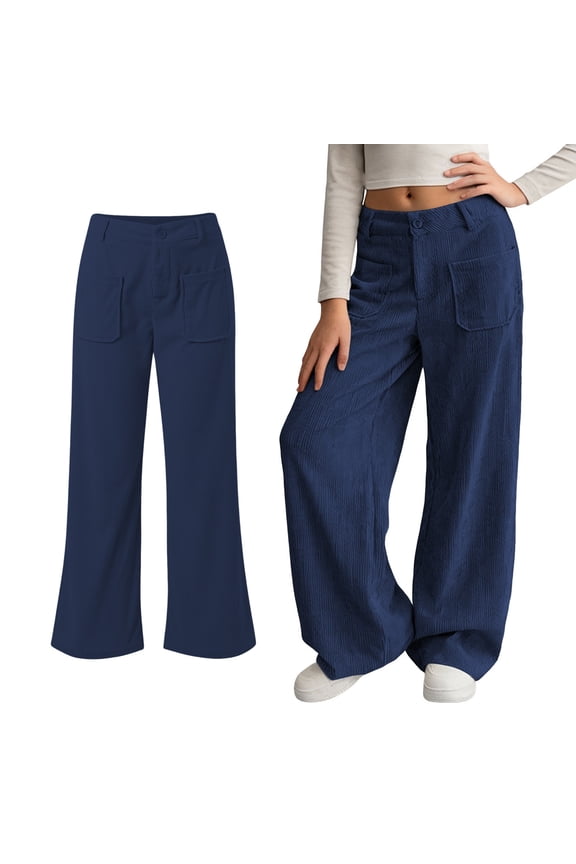 Girls Corduroy Pants Wide Leg Design with Pockets Vintage Baggy Pants High Waist Trousers for Girls Navy Uniform Pants Kids Preppy Clothes 5-6 Years