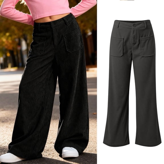 Girls Corduroy Wide Leg Pants Button Front Zipper Straight Pants with Pockets High Waist Casual Pants for Girls Black Pants for Girls Uniform Kids Tween Girl Clothing 7-8 Years