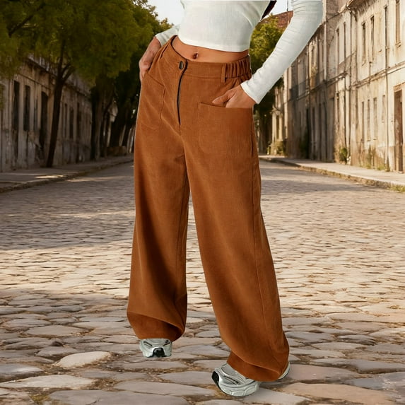 Girls Corduroy Wide Leg Pants Front Button Zipper Straight Fit Casual Trousers with Pockets for Teen Youth