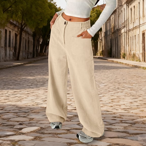 Girls Corduroy Wide Leg Pants Front Button Zipper Straight Fit Casual Trousers with Pockets for Teen Youth