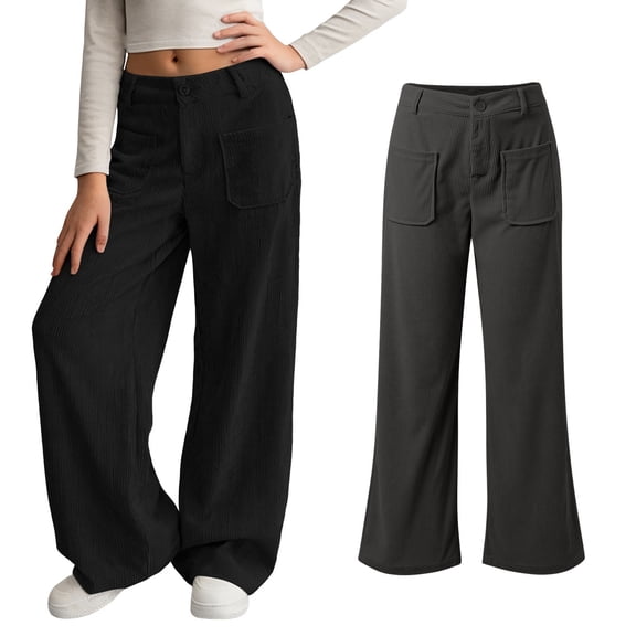 Girls Corduroy Wide Leg Pants with Pockets Vintage Baggy Pants High Waist Trousers for Girls Black Pants for Girls Uniform Kids Back To School Outfits for Girls 9-10 Years