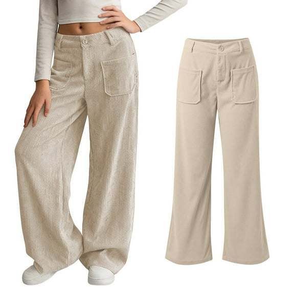 Girls Corduroy Wide Leg Pants Vintage Baggy Pants with Pockets High Waist Trousers for Girls Beige Pants for Girls Teen Cute Clothes for Girls 13-14 Years
