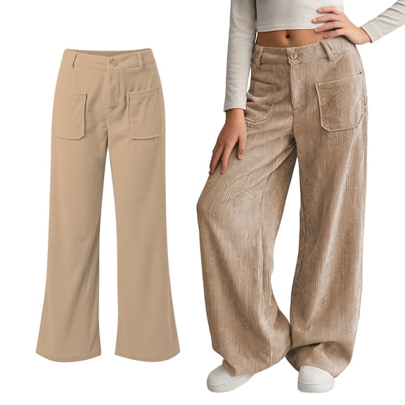 Girls Corduroy Wide Leg Pants Vintage Baggy Pants with Pockets High Waist Trousers for Girls Girls Khaki Uniform Pants Kids Tween Girl Clothing 5-6 Years