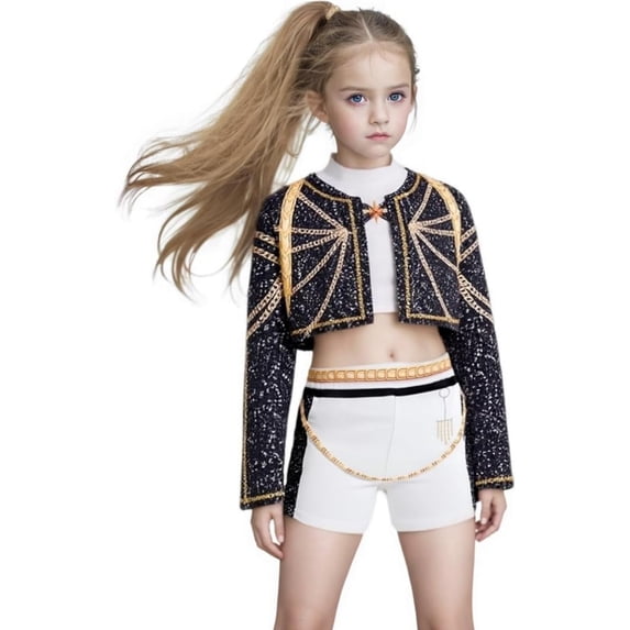 3-Piece Halloween Cosplay G'irl's Costume, Luxury Popular Singer Stage Performance Outfit, Black Printed , Ages 3-12