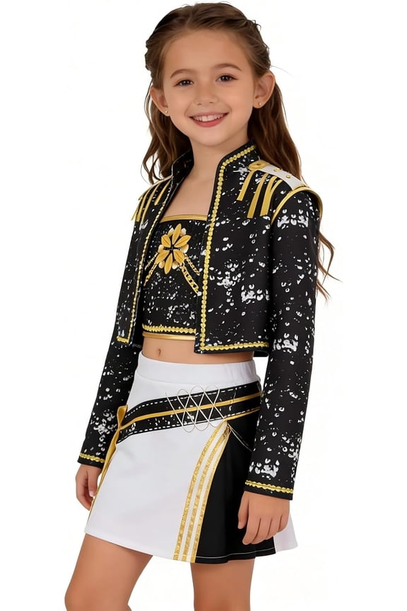 G'irl's Costume Set for Halloween, Black & Gold Idol Stage Cosplay Outfit for Performance Accessories, Skirt & Top