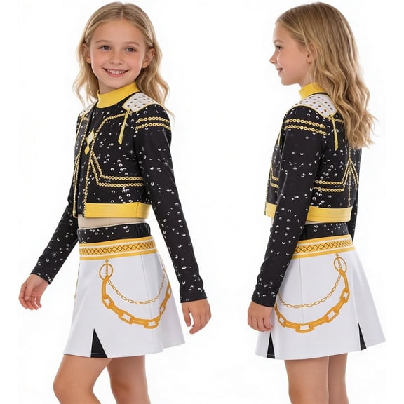 G'irl's Costume Set for Halloween, Black & Gold Idol Stage Cosplay  Outfit for Performance Accessories, Skirt & Top