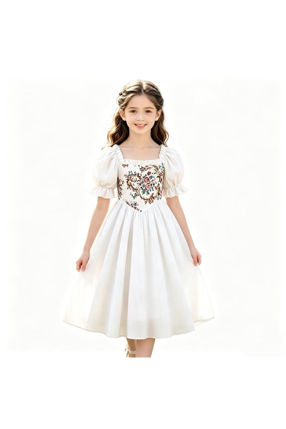Girls Cottagecore Floral Embroidered Dress Square Neck Puff Sleeve A-Line Midi Dress Vintage Prairie Style Princess Dress for Kids Oktoberfest Casual Party Occasions(White,12 Years)