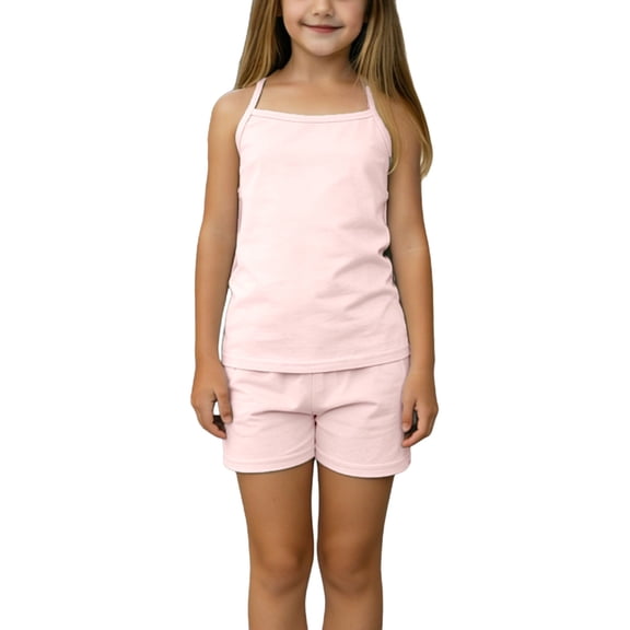 Girls Cotton 2 Piece Set Pink | Kids Summer Outfit Spaghetti Strap Tank Top & Elastic Waist Shorts | Play Clothes, Lounge Pajama Set for Kids 4-14 Years,Size 7-10T