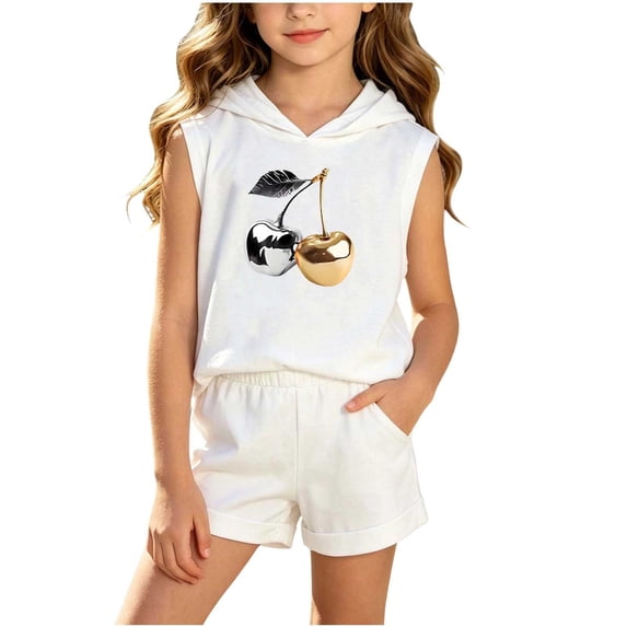Girls Cotton 2pc Outfits Summer Printed Sleeveless T-Shirts Hoodies Comfy Shorts Casual Sets with Pockets White 3 5-6 Years