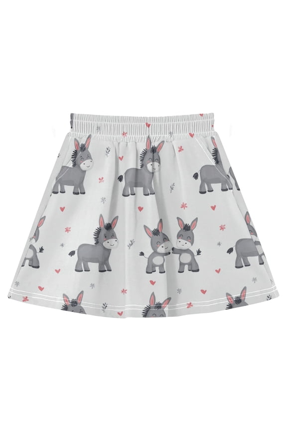 Girls Cotton A-Line Skirt with Built-in Shorts Soft Breathable High Waist Skirt Elastic Waist for Daily Wear Grey Cute Donkeys Pattern 5Y