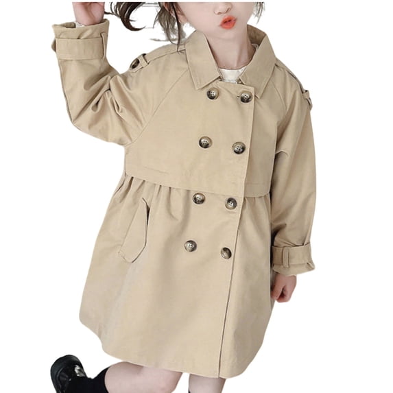 Girls Cotton Blend Coat Double Breasted Classic Jacket Spring Fall Outwear Dress Coats With Pockets Khaki 5-6 Years