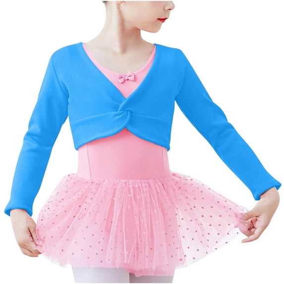 Girls Cotton Bolero Shrugs Long Sleeve Front Twist Knot Fashion Cute Shawls Wraps for Dress Cardigan (7-10 Years, Blue)