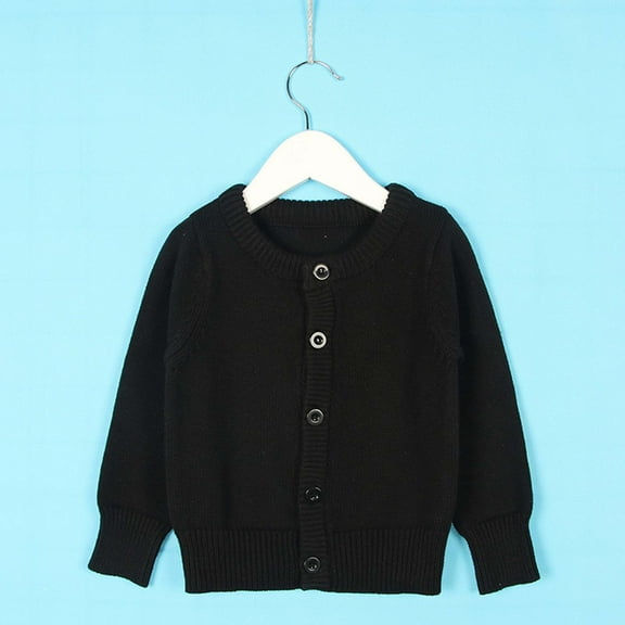Girls Cotton Cardigan Long Sleeve Kid Button Crew Neck Sweater Cardigans (Black 8-9 Years)