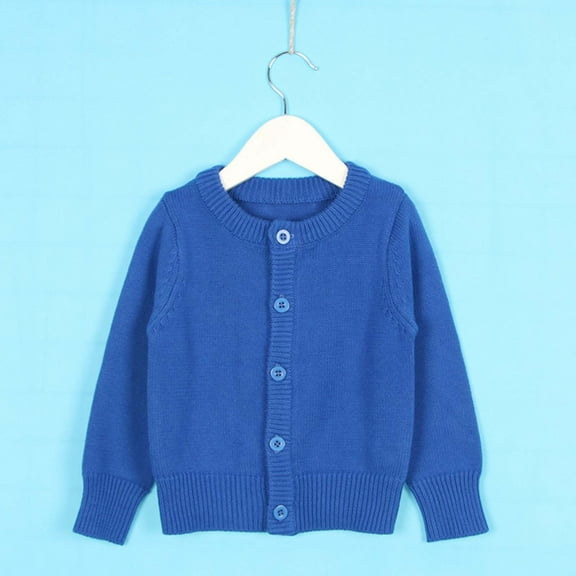 Girls Cotton Cardigan Long Sleeve Kid Button Crew Neck Sweater Cardigans (Blue 7-8 Years)