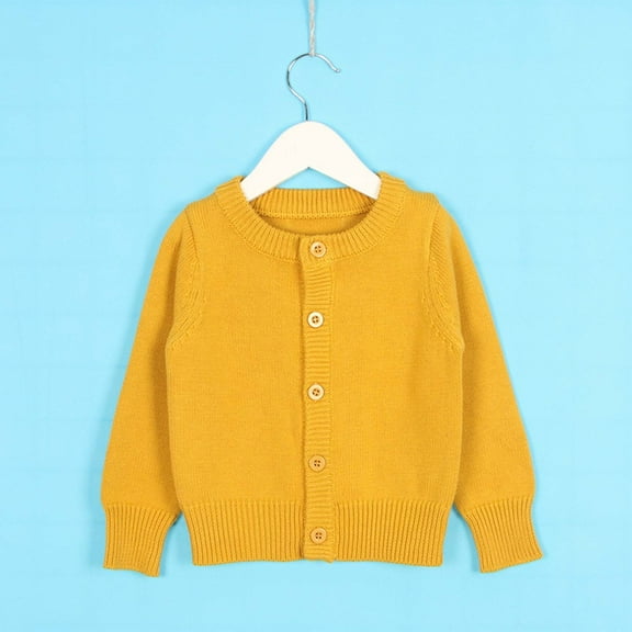 Girls Cotton Cardigan Long Sleeve Kid Button Crew Neck Sweater Cardigans (Yellow1 5-6 Years)