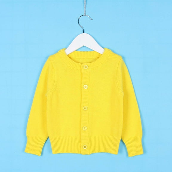 Girls Cotton Cardigan Long Sleeve Kid Button Crew Neck Sweater Cardigans (Yellow2 4-5 Years)