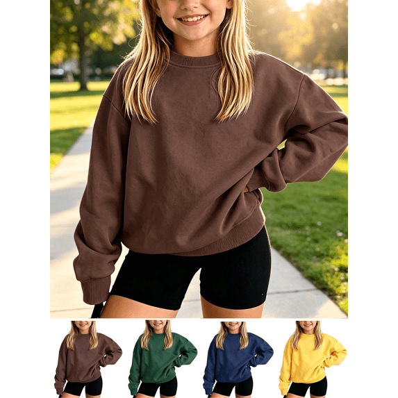 Girls Cotton Crewneck Pullover Sweatshirts Relaxed Fit Solid Color Long Sleeve Sweatshirt Durable Gentle on skin Kids Clothing