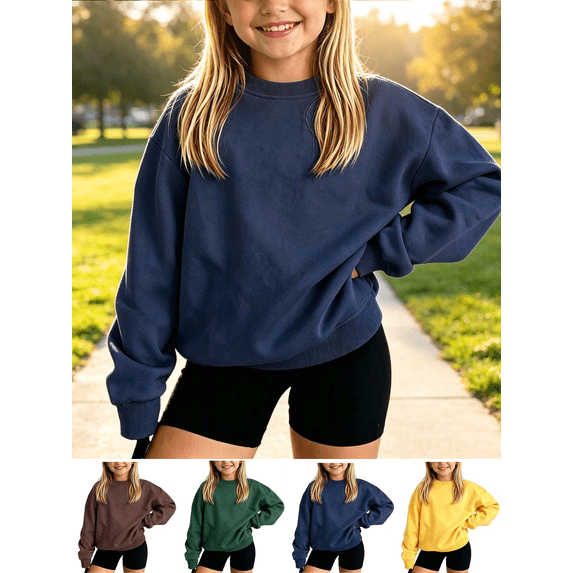 Girls Cotton Crewneck Pullover Sweatshirts Relaxed Fit Solid Color Long Sleeve Sweatshirt Durable Gentle on skin Kids Clothing