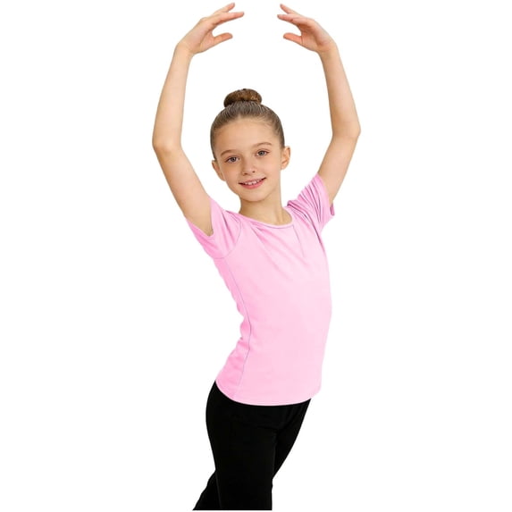 Girls Cotton Dance Top Athletic Shirt 100% Cotton Slim Fit Short Sleeve Round Neck Activewear for Kids Kids to Teen Pink,Size 12-13 T