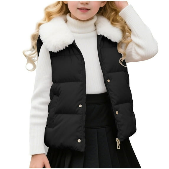 Girls Cotton Down Jacket Vest with Faux-fur Collar Sleeveless Zip Up Winter Warm Coats Thick Outerwear 2-12Y (4 Years, Black)