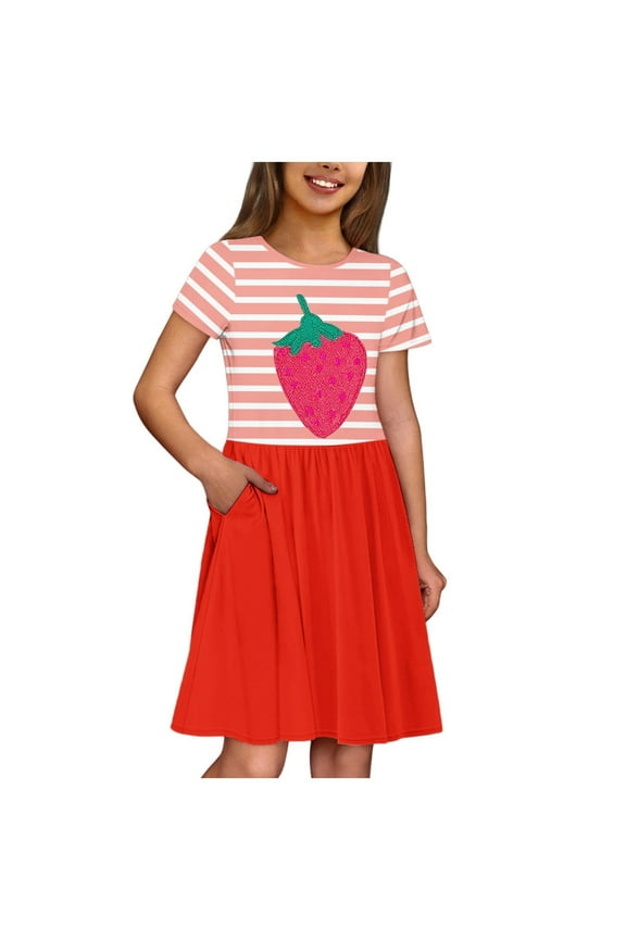 Girls Cotton Dress Crewneck Strawberry Striped Short Sleeve Cute Dresses Color Block Fashion Summer, 7 Years Red-A
