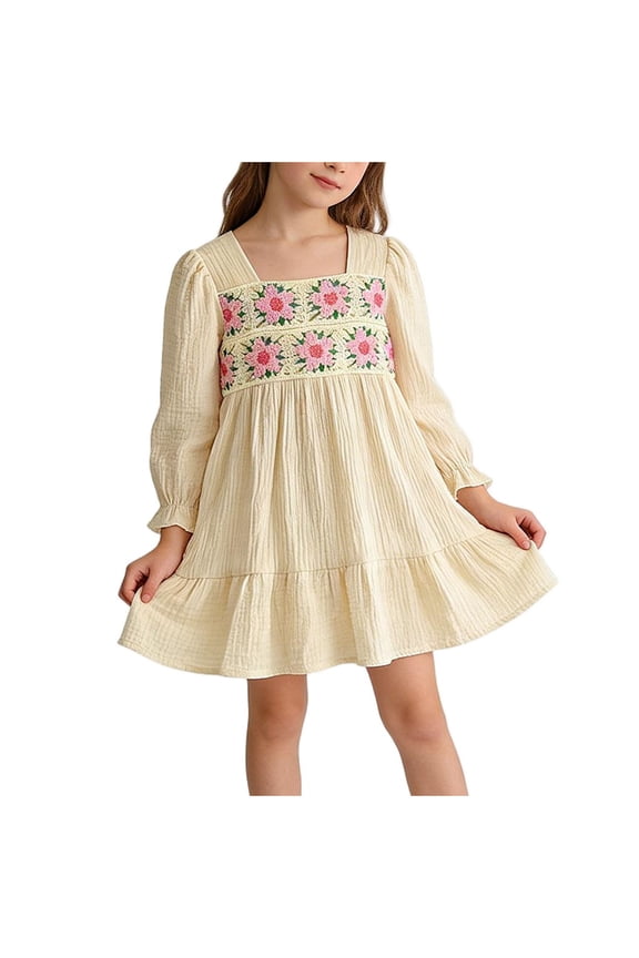 Girls Cotton Dress Long Sleeve Floral Embroidered Square Neck Ruffle Hem Cottagecore Beige Easter Party Dress for Kids Kids,Size 2-3T