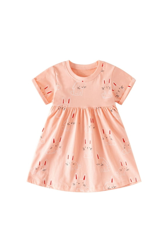 Girls' Cotton Dress Toddlers Kids Short Sleeve Jersey Dress with Prints Cute Casual Tshirts Sundress (4 Years, Pink 01)