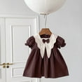 thumbnail image 1 of Girls Cotton Dresses Cute Puffed Short Sleeve Bowknot Doll-Collared High Waisted Toddlers Kids Color-Block Mini Dress Size 0-3, 1 of 6