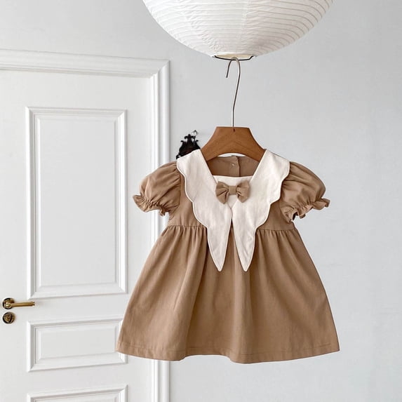 Girls Cotton Dresses Cute Puffed Short Sleeve Bowknot Doll-Collared High Waisted Toddlers Kids Color-Block Mini Dress Size 0-3