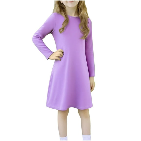 Girls Cotton Dresses Size 3-12 Toddlers Kids Casual Solid Color Long Sleeve Crewneck Pullover A-Line Comfort Going Out Loungewear Tshirts Dress