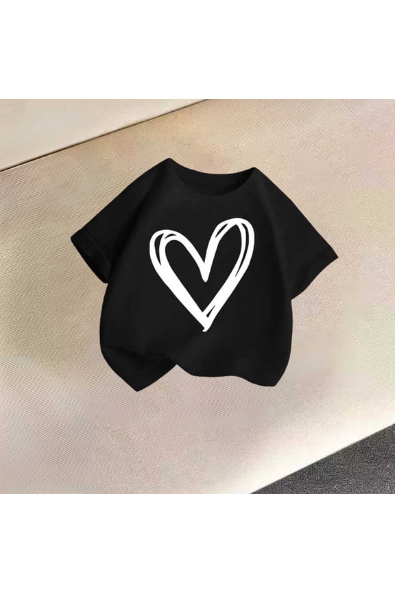Girls Cotton Heart Print Short Sleeve T-Shirt Crewneck Casual Tee Black,Size 5 T