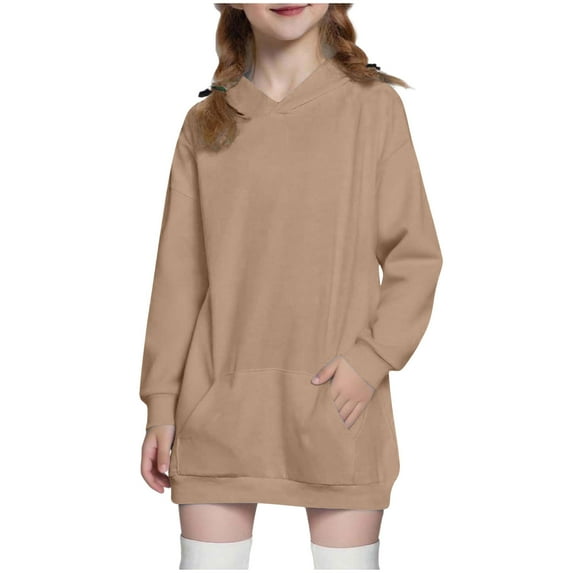Girls Cotton Hoodie Dress with Pocket Loose Casual Long Sleeve Cotton Hooded Plain Sweatshirt Pullover Fall Dress (11 Years, Khaki)