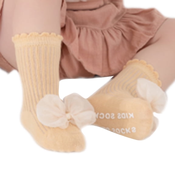 Girls Cotton Knee Socks with Not Slip Bottom & Lovely Lace Bowknot Learn to Walk Socks Not Skid Socks for Ages 1 to 5