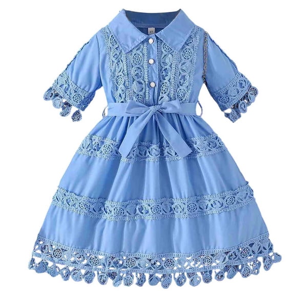 Girls Cotton Knit Dress with Lace Trim & Sash Belt - Light Blue A-Line Collared Dress for Kids Kids 2-8 Years, Party & Everyday,Size 7 T