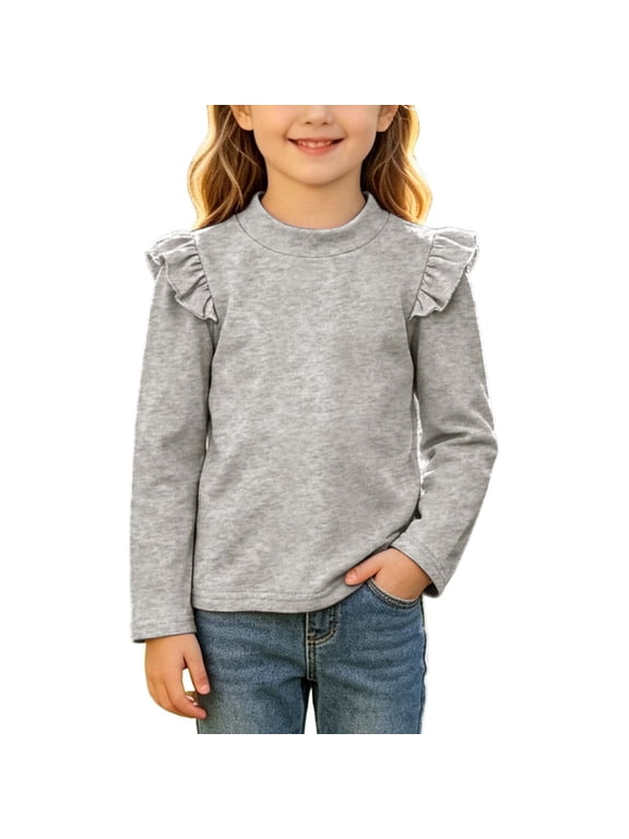 Girls Cotton Layering Tops Ruffle Long Sleeve Crewneck Soft Comfort Fashion Pullover Bottom Blouse Gray 2-3 Years