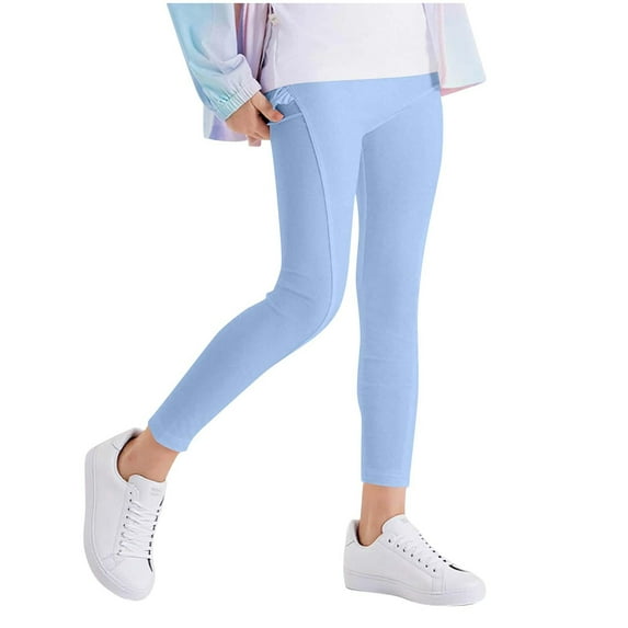 Girls Cotton Leggings Stretchy Yoga Pants Kids Soft Full Length Solid Leggings Blue 4-5 Years