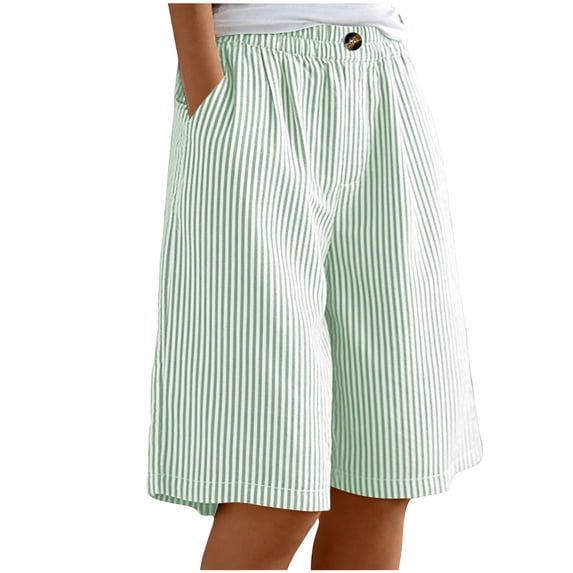 Girls Cotton Linen Bermuda Shorts Striped Baggy Knee Length Shorts Casual Elastic High Waist Wide Leg Beach Shorts