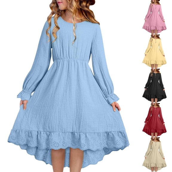 Girls Cotton Linen Dress Cute Loose Crewneck Long Sleeve Ruffle Hem Princess Dresses Kids Comfy Soft Solid Color Spring Outfits