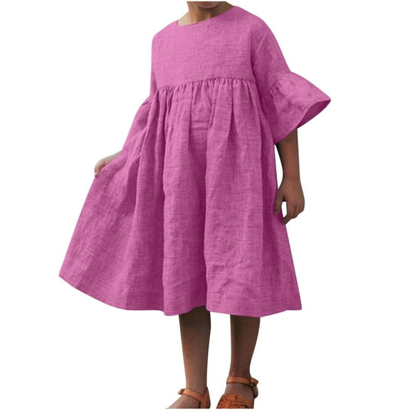 Girls Cotton Linen Dress Pleated Empire Waist Beach Casual Loose Babydoll Dress with Flared Half Sleeves (7-8 Years, Hot Pink)