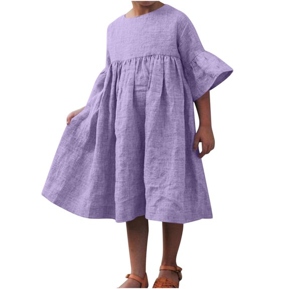 Girls Cotton Linen Dress Pleated Empire Waist Beach Casual Loose Babydoll Dress with Flared Half Sleeves (7-8 Years, Purple)