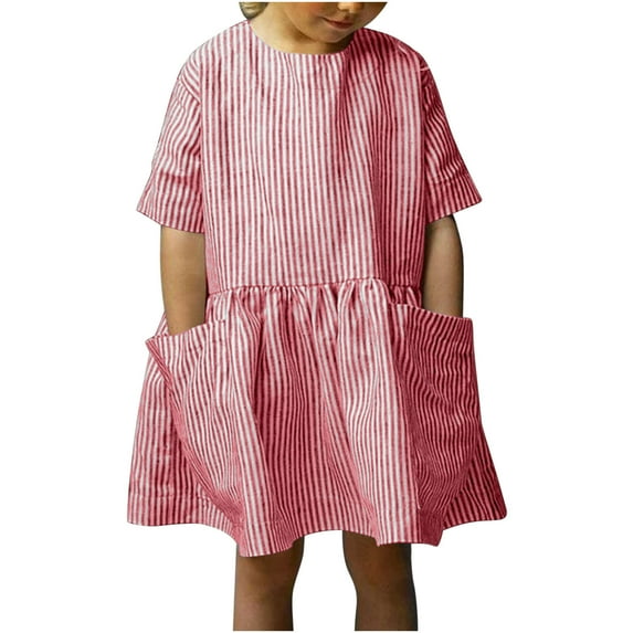 Girls Cotton Linen Dress Short Sleeve Crew Neck Striped Dress Kids Summer Casual Sundresses for Beach Vacation Girl 3-12 Years