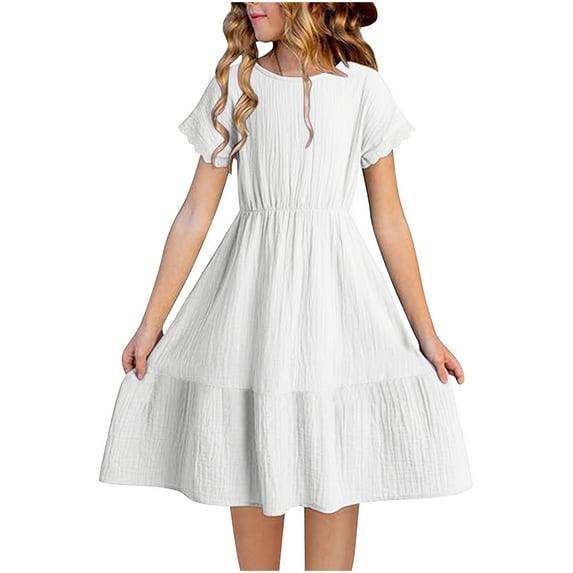 Girls Cotton-Linen Dresses 4-14 Years Short Sleeve Crewneck High Waisted Teens Juniors Lightweight Solid Color Layered Breathable Midi Dress